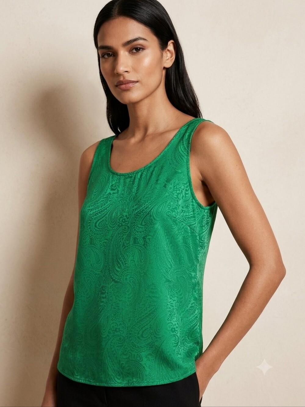 SILX Vintage Emerald Green 100% Silk Paisley Jacquard Tank Top Blouse Small